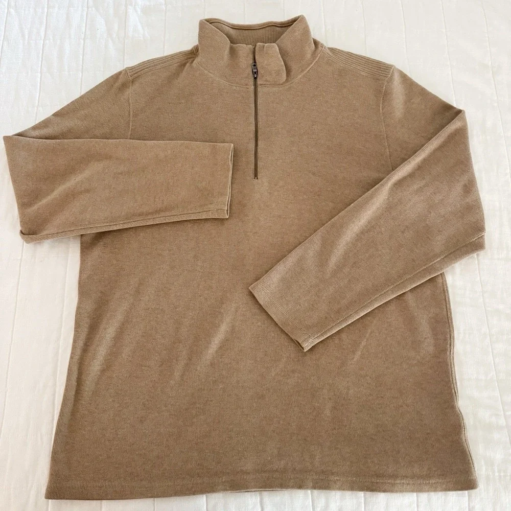 Banana Republic Sweater Men's XL 100% Cotton Tan Quarter‎ Zip Heavy Knit SOFT
